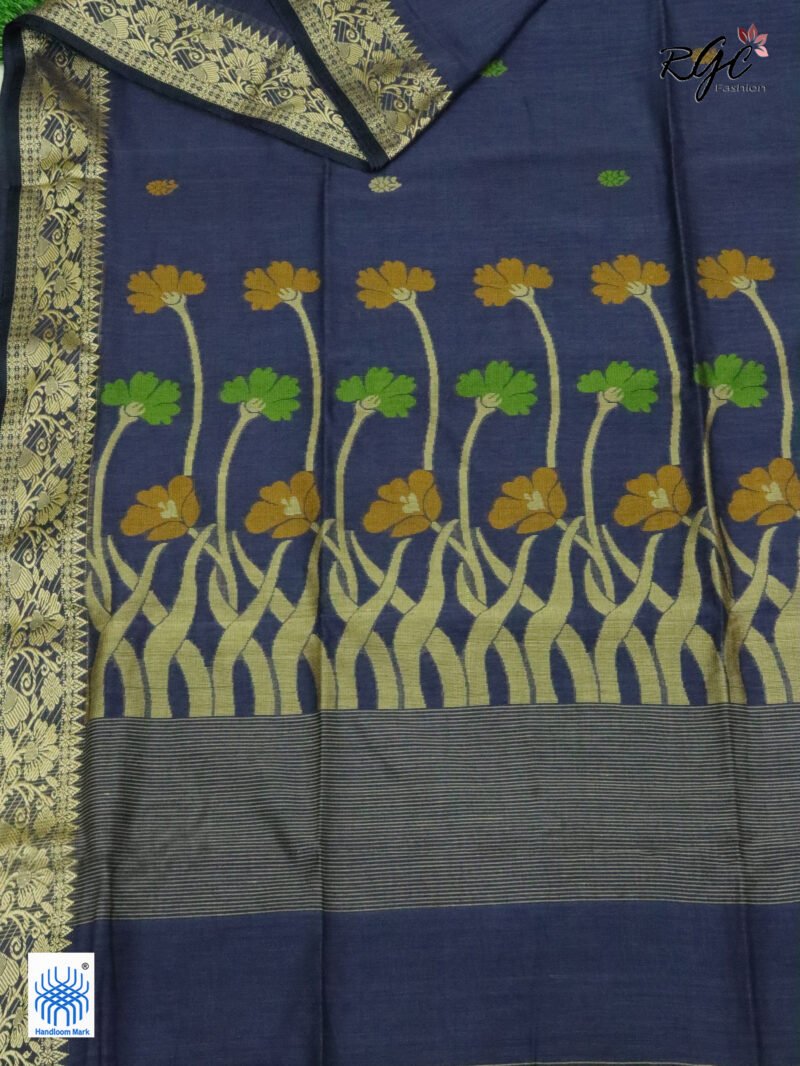 Gray Handloom Khadi Cotton Floral Jamdani Saree - Image 5