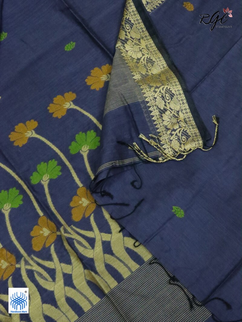 Gray Handloom Khadi Cotton Floral Jamdani Saree - Image 4