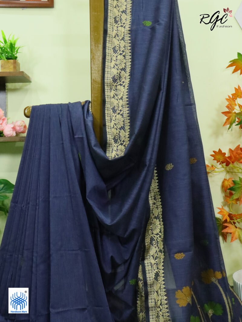 Gray Handloom Khadi Cotton Floral Jamdani Saree - Image 3