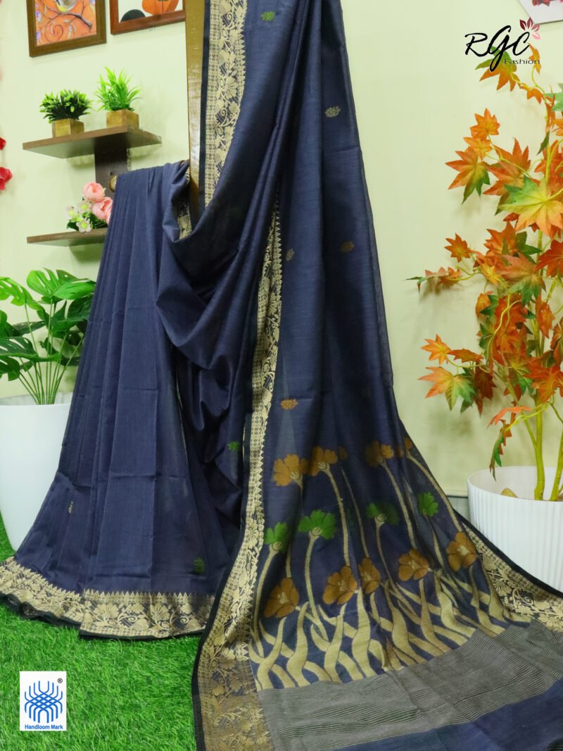 Gray Handloom Khadi Cotton Floral Jamdani Saree - Image 2