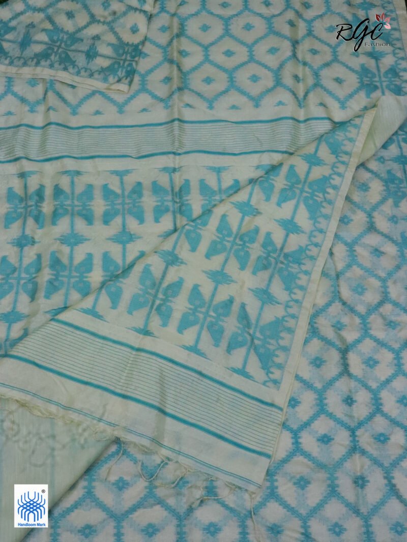 Off-White Pure Handloom Gachi Tussar Allover Jamdani Saree - Image 7