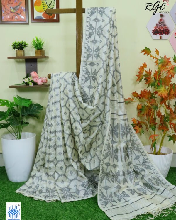 Off-White Pure Handloom Gachi Tussar Allover Jamdani Saree