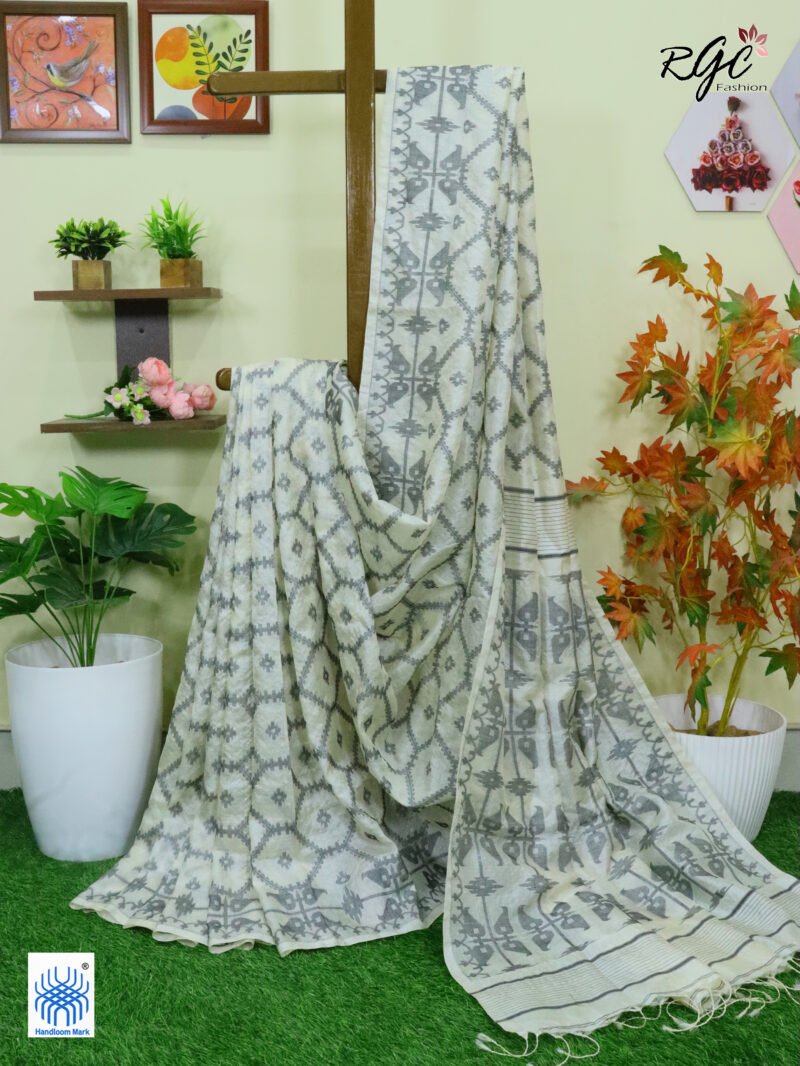 Off-White Pure Handloom Gachi Tussar Allover Jamdani Saree