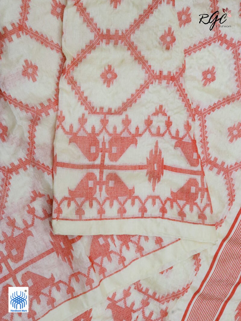 Off-White Pure Handloom Gachi Tussar Allover Jamdani Saree - Image 7