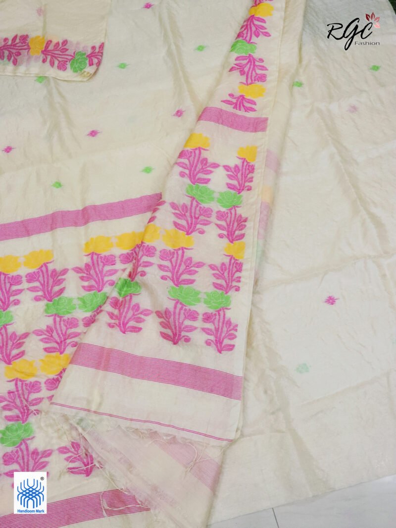 Vanilla Pure Handloom Gachi Tussar Jamdani Saree - Image 5