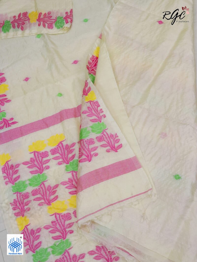 Vanilla Pure Handloom Gachi Tussar Jamdani Saree - Image 6