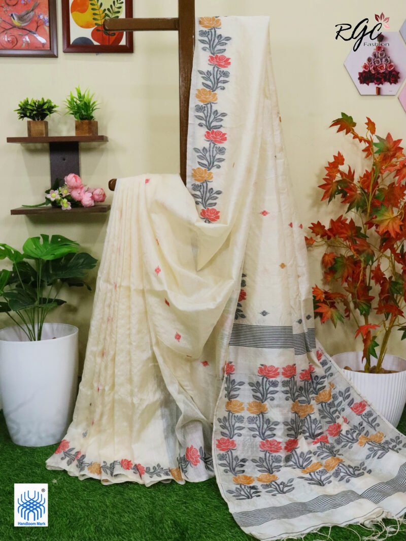 Vanilla Pure Handloom Gachi Tussar Jamdani Saree