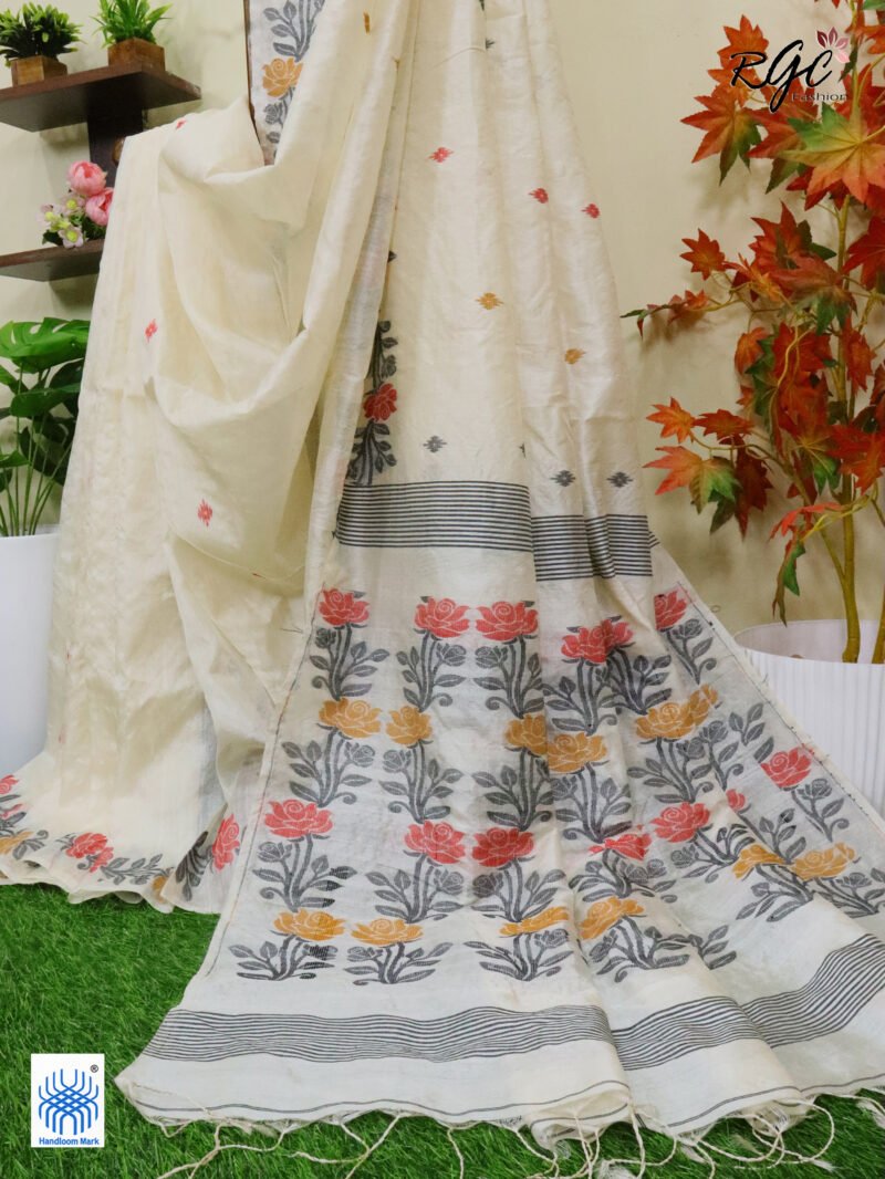 Vanilla Pure Handloom Gachi Tussar Jamdani Saree - Image 2