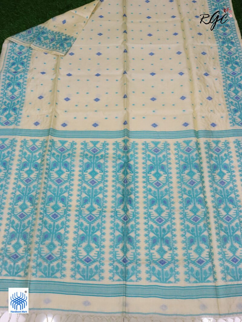 Off-White Pure Handloom Gachi Tussar Allover Jamdani Saree - Image 8