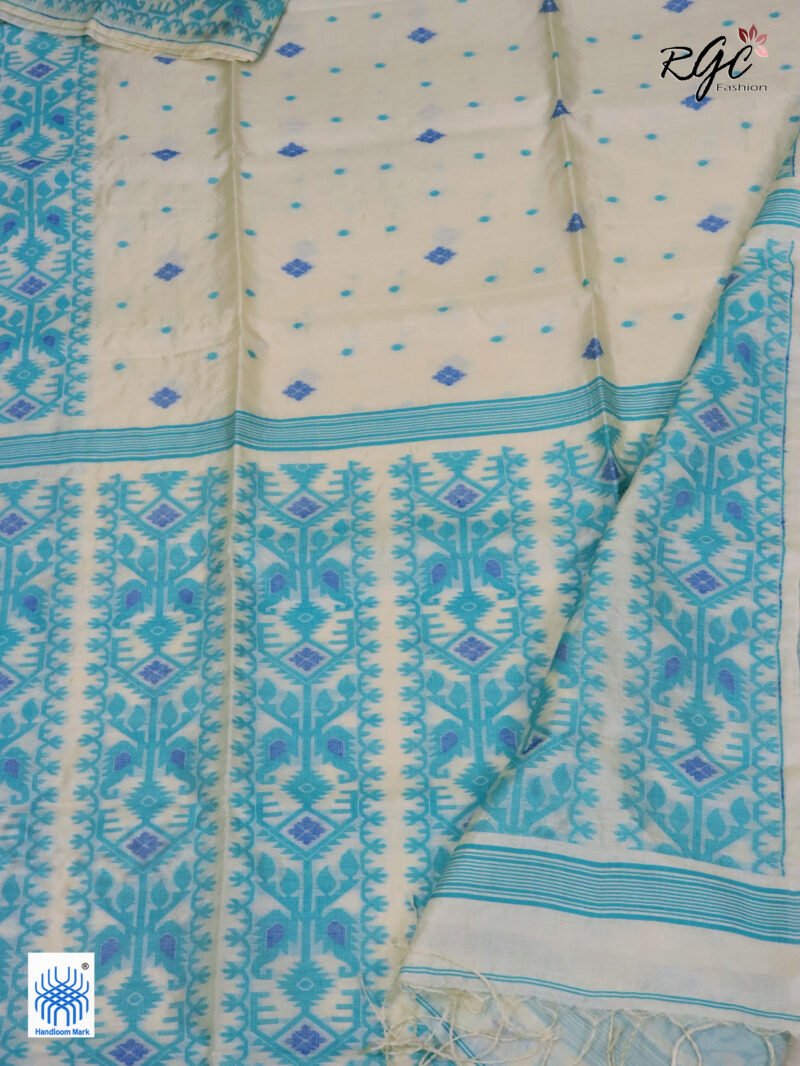 Off-White Pure Handloom Gachi Tussar Allover Jamdani Saree - Image 7