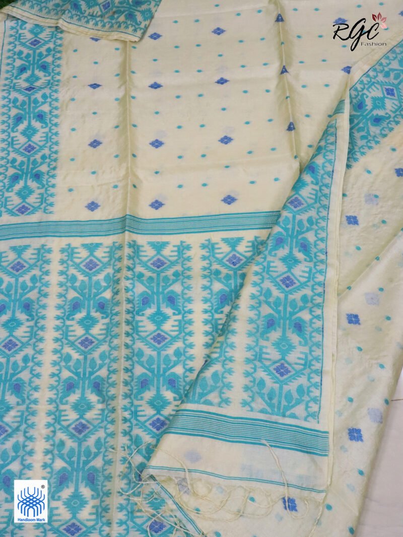 Off-White Pure Handloom Gachi Tussar Allover Jamdani Saree - Image 5