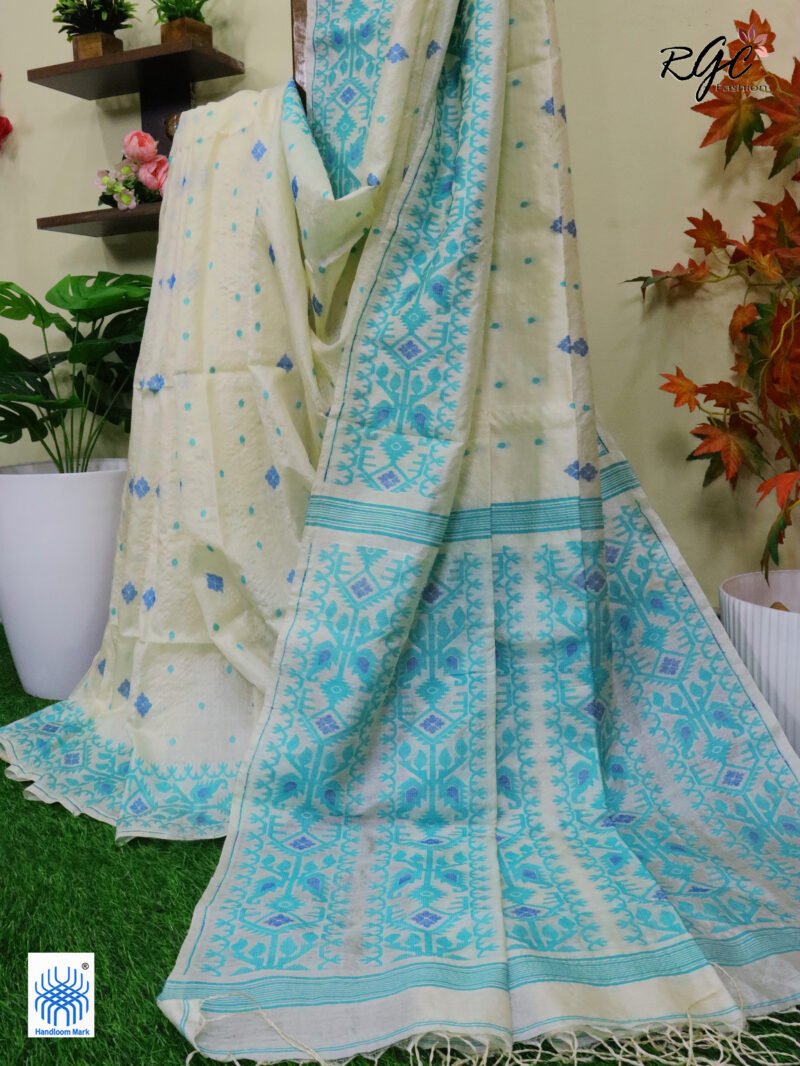 Off-White Pure Handloom Gachi Tussar Allover Jamdani Saree - Image 2