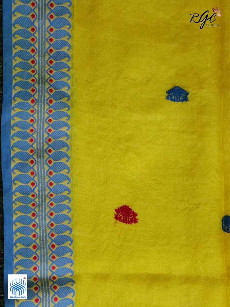 Yellow Pure Tussar Bengal Traditional Handloom Jamdani Saree - Image 9