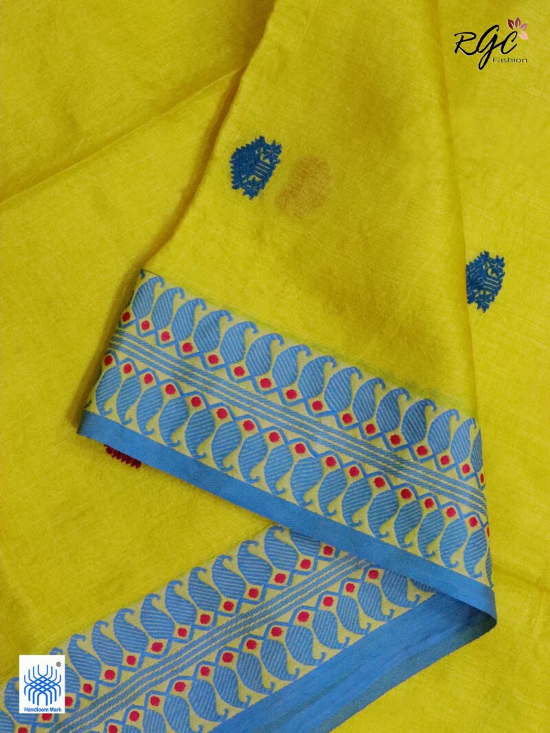 Yellow Pure Tussar Bengal Traditional Handloom Jamdani Saree - Image 8