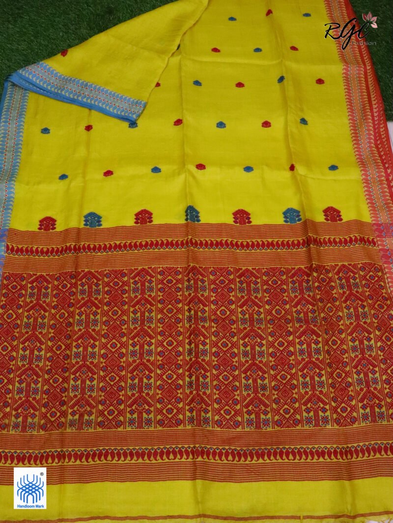 Yellow Pure Tussar Bengal Traditional Handloom Jamdani Saree - Image 7
