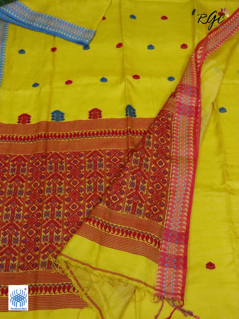 Yellow Pure Tussar Bengal Traditional Handloom Jamdani Saree - Image 6