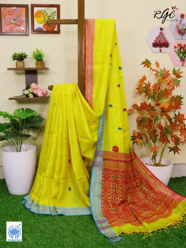 Yellow Pure Tussar Bengal Traditional Handloom Jamdani Saree