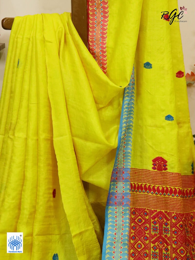 Yellow Pure Tussar Bengal Traditional Handloom Jamdani Saree - Image 4