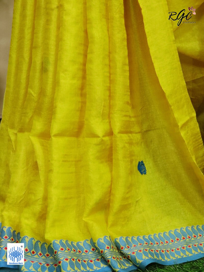 Yellow Pure Tussar Bengal Traditional Handloom Jamdani Saree - Image 3