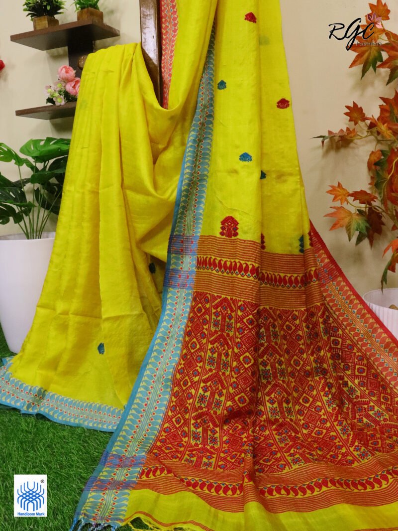Yellow Pure Tussar Bengal Traditional Handloom Jamdani Saree - Image 2