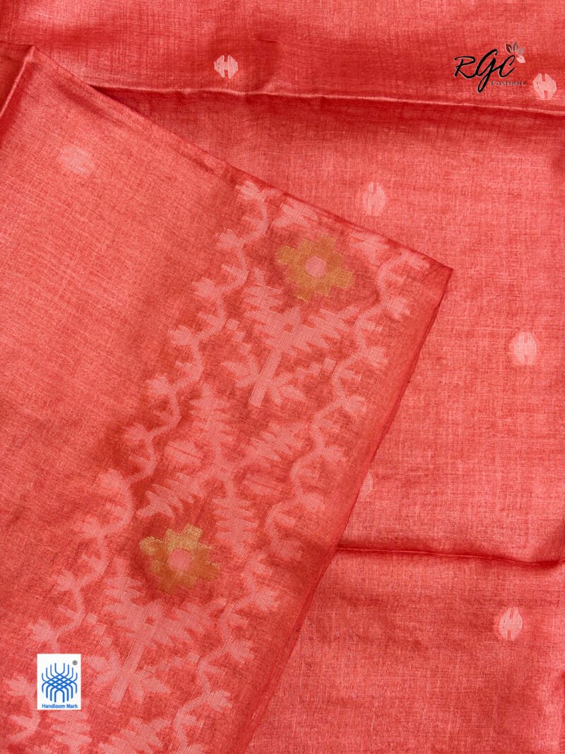 Dull Red Pure Gachi Tussar Handloom  Jamdani Saree - Image 9