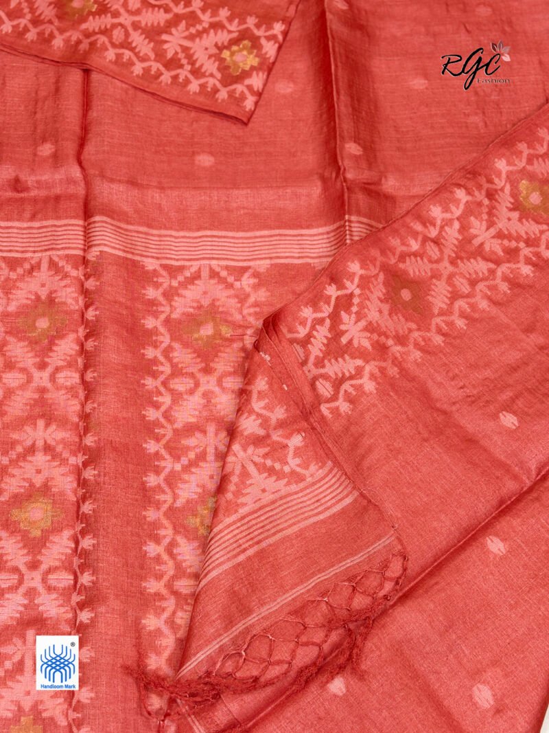 Dull Red Pure Gachi Tussar Handloom  Jamdani Saree - Image 8