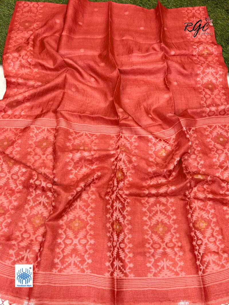 Dull Red Pure Gachi Tussar Handloom  Jamdani Saree - Image 7