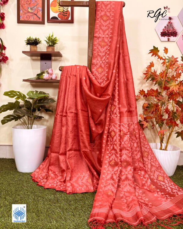 Dull Red Pure Gachi Tussar Handloom  Jamdani Saree