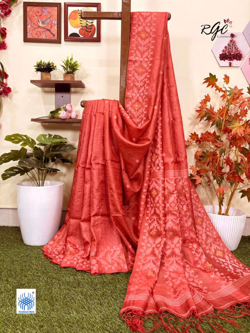 Dull Red Pure Gachi Tussar Handloom  Jamdani Saree