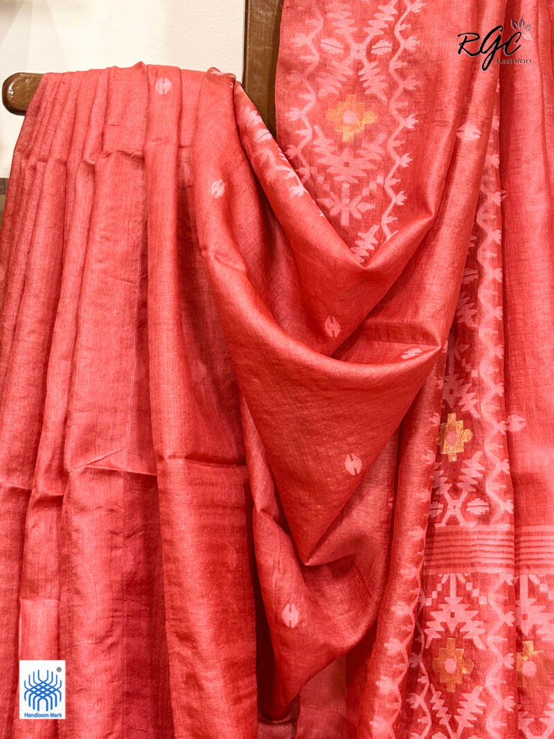 Dull Red Pure Gachi Tussar Handloom  Jamdani Saree - Image 5