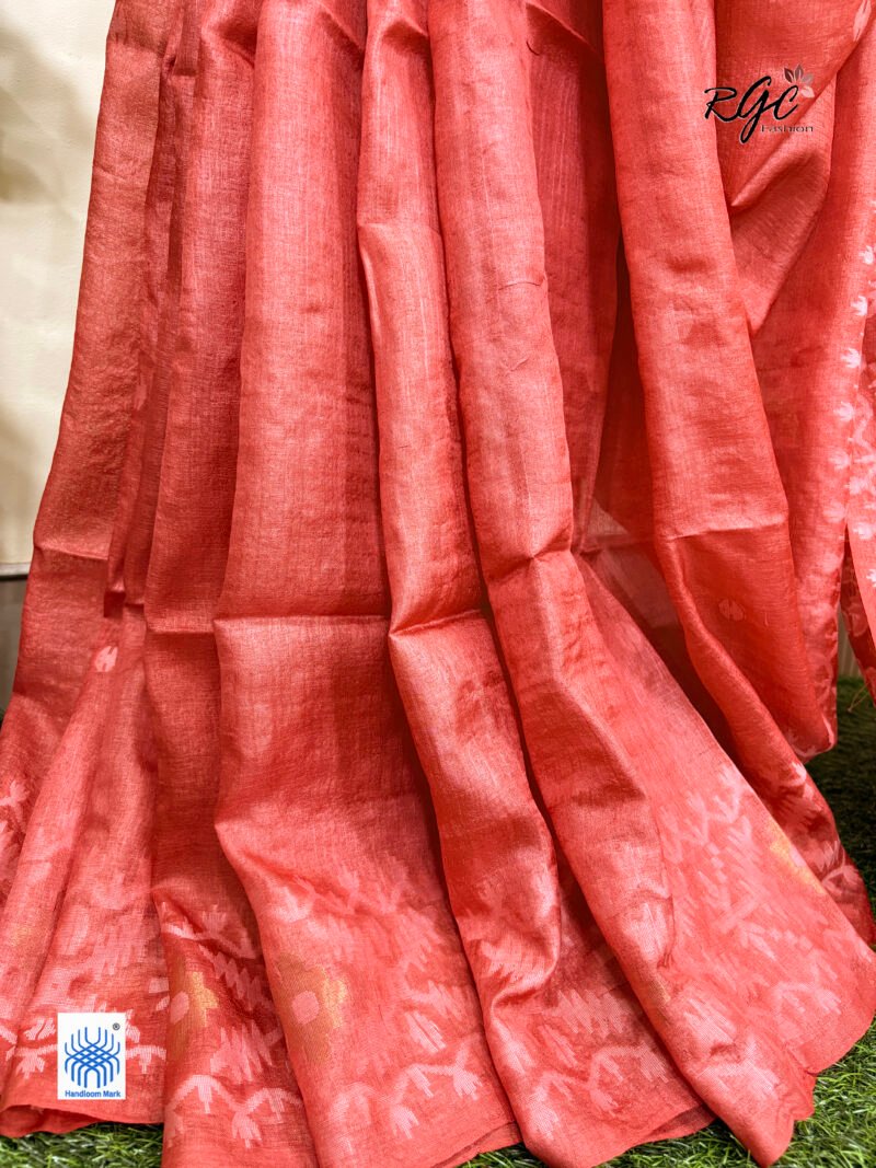 Dull Red Pure Gachi Tussar Handloom  Jamdani Saree - Image 4