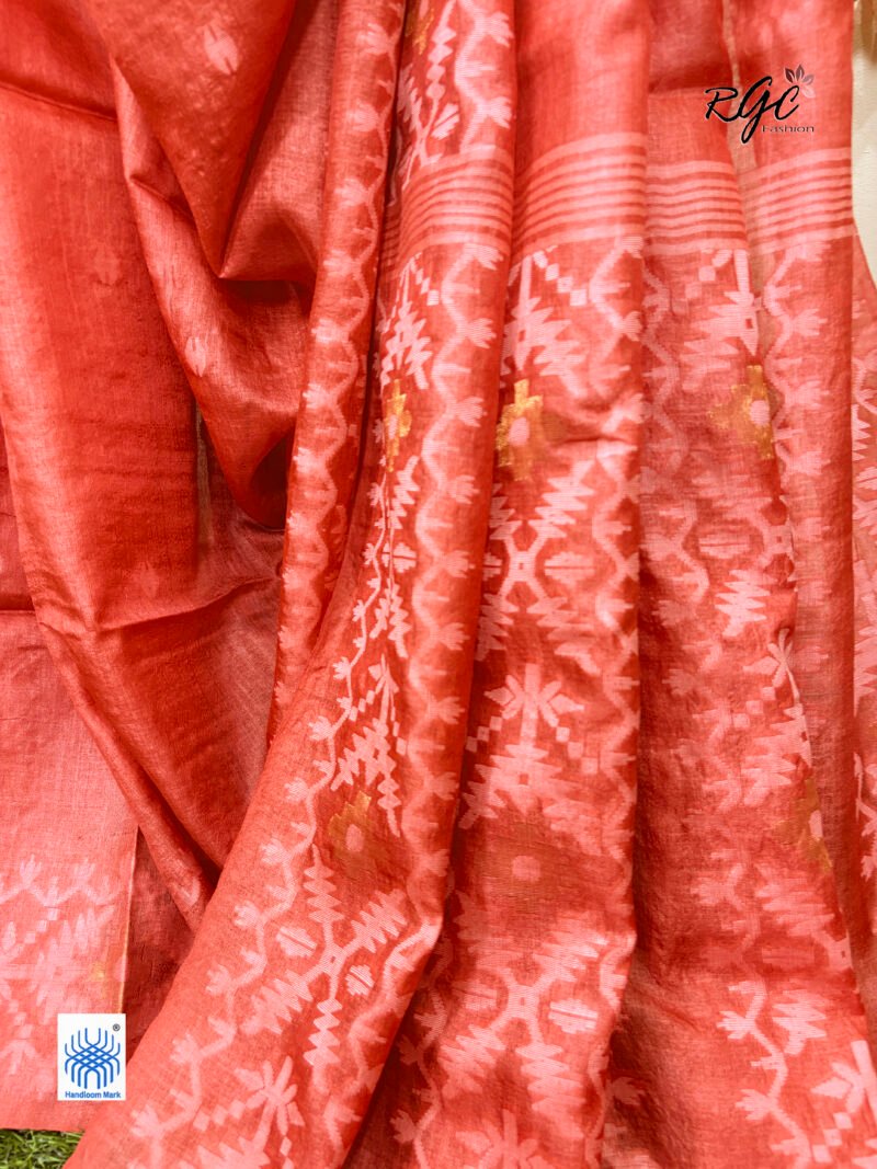 Dull Red Pure Gachi Tussar Handloom  Jamdani Saree - Image 2
