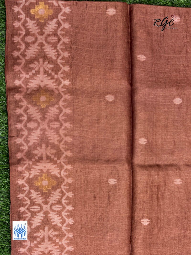 Rust Brown Pure Gachi Tussar Handloom  Jamdani Saree - Image 10