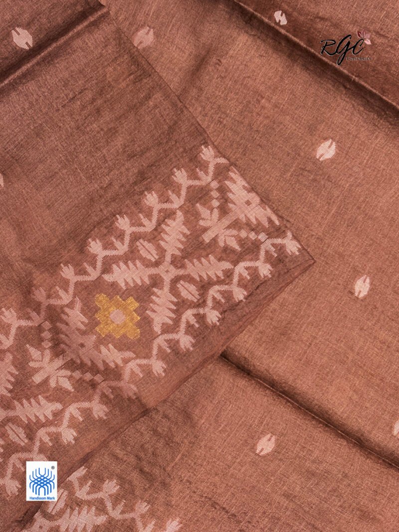 Rust Brown Pure Gachi Tussar Handloom  Jamdani Saree - Image 9