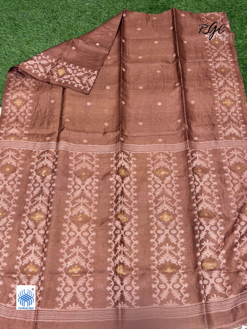 Rust Brown Pure Gachi Tussar Handloom  Jamdani Saree - Image 8