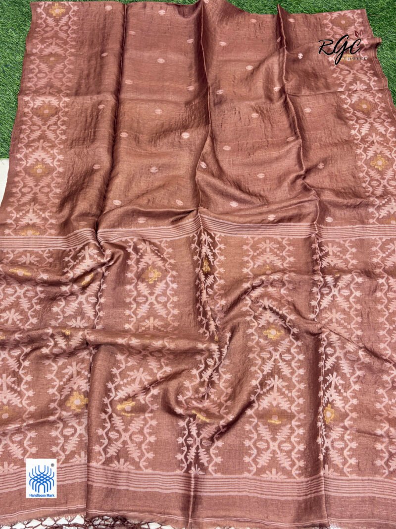 Rust Brown Pure Gachi Tussar Handloom  Jamdani Saree - Image 7