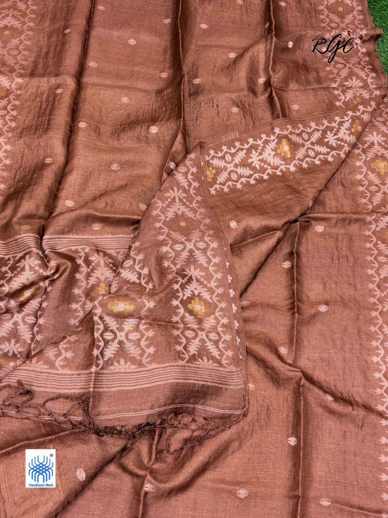 Rust Brown Pure Gachi Tussar Handloom  Jamdani Saree - Image 6