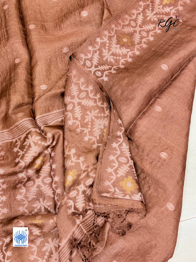 Rust Brown Pure Gachi Tussar Handloom  Jamdani Saree - Image 5