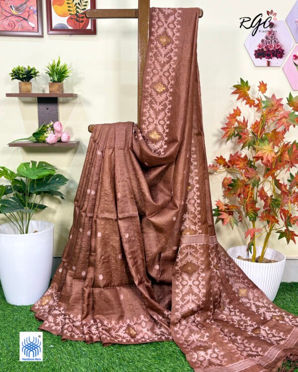 Rust Brown Pure Gachi Tussar Handloom  Jamdani Saree