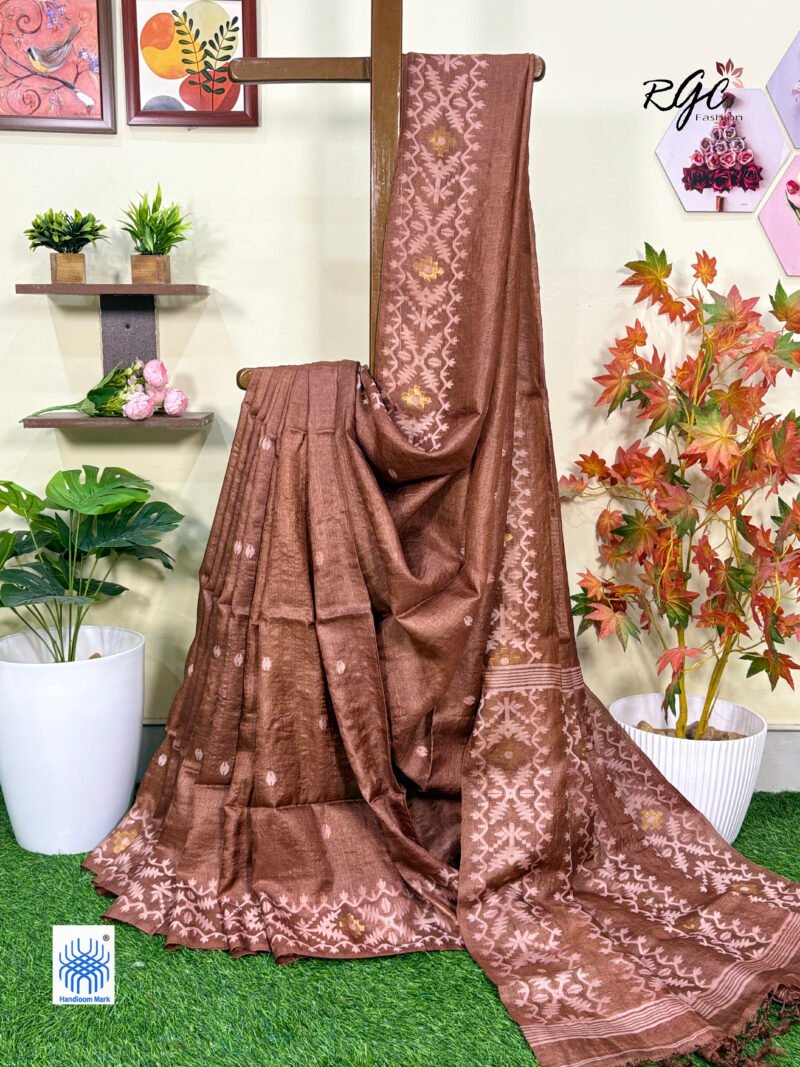 Rust Brown Pure Gachi Tussar Handloom  Jamdani Saree