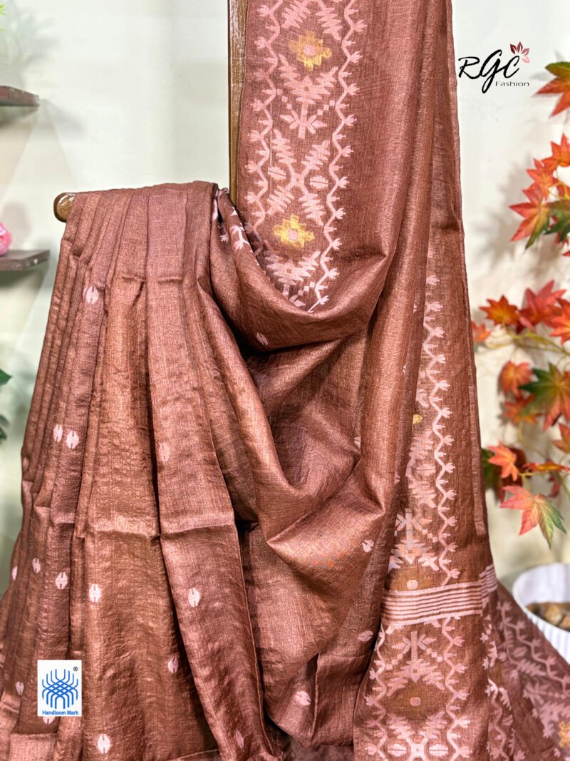 Rust Brown Pure Gachi Tussar Handloom  Jamdani Saree - Image 4