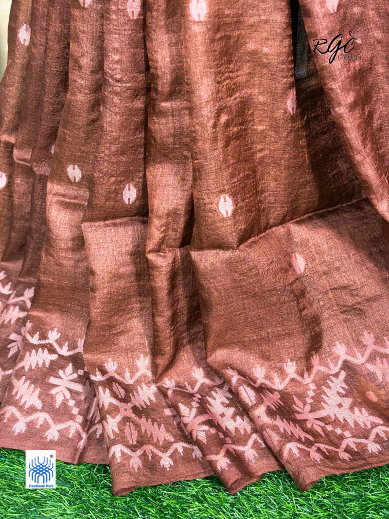 Rust Brown Pure Gachi Tussar Handloom  Jamdani Saree - Image 3
