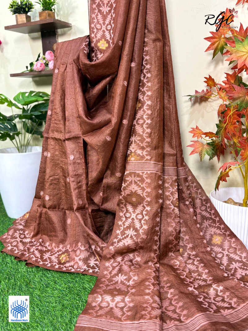 Rust Brown Pure Gachi Tussar Handloom  Jamdani Saree - Image 2