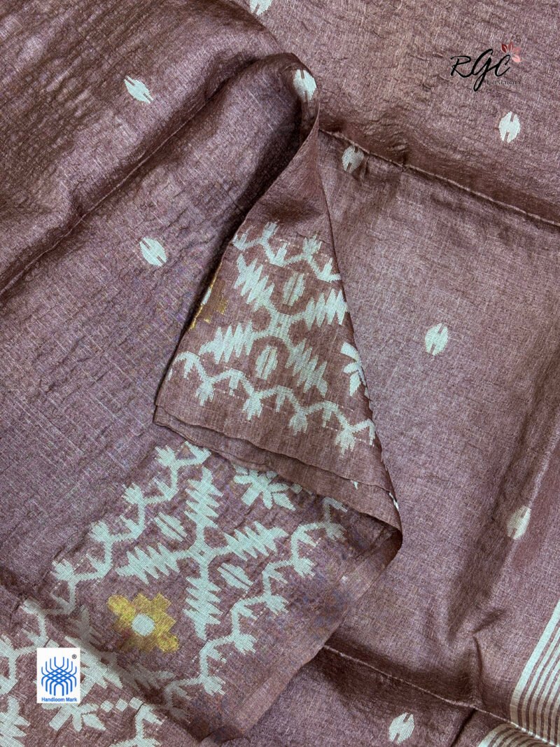 Black Brown Pure Gachi Tussar Handloom Jamdani Saree - Image 9