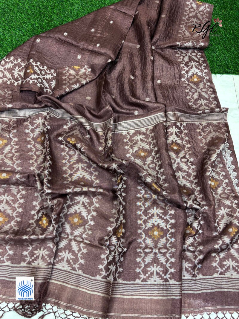 Black Brown Pure Gachi Tussar Handloom Jamdani Saree - Image 7
