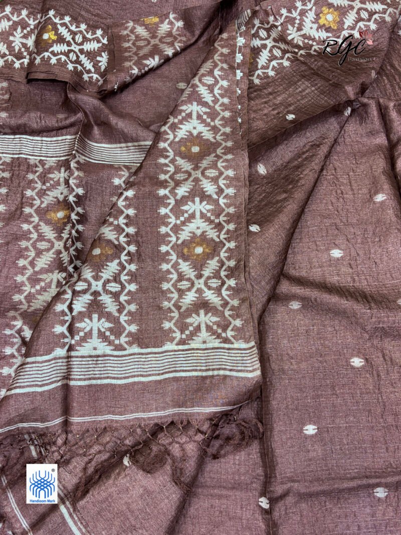Black Brown Pure Gachi Tussar Handloom Jamdani Saree - Image 6