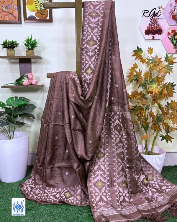 Black Brown Pure Gachi Tussar Handloom Jamdani Saree