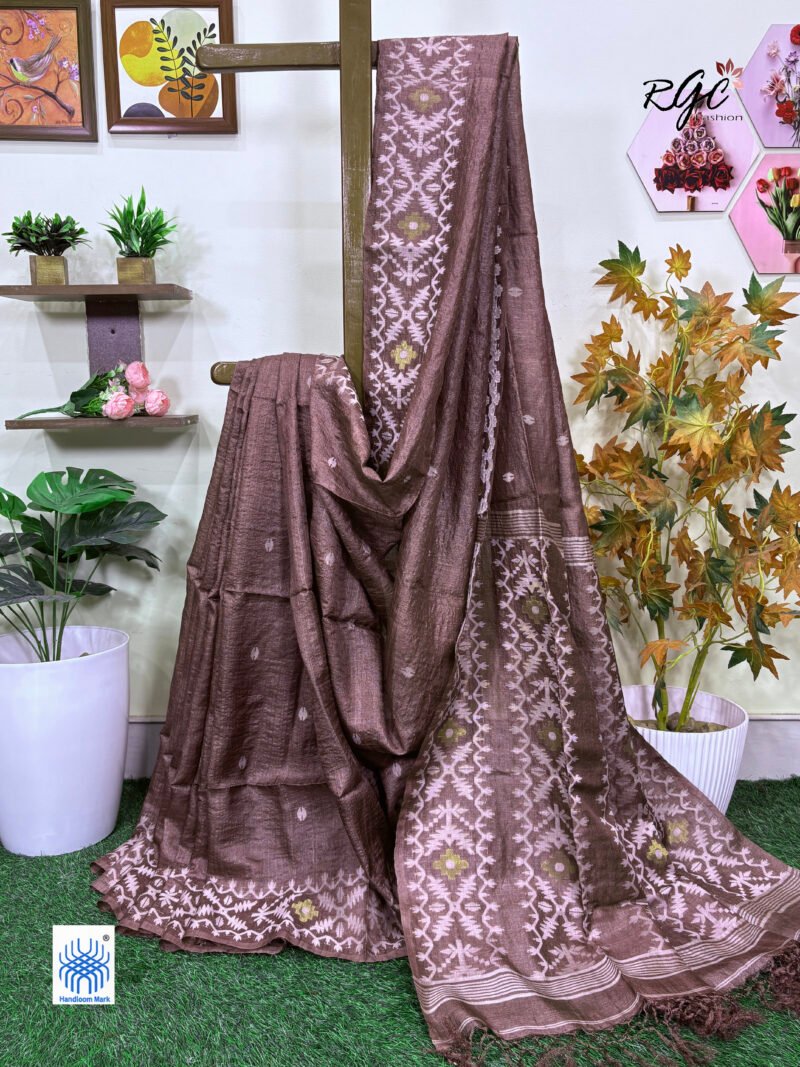 Black Brown Pure Gachi Tussar Handloom Jamdani Saree