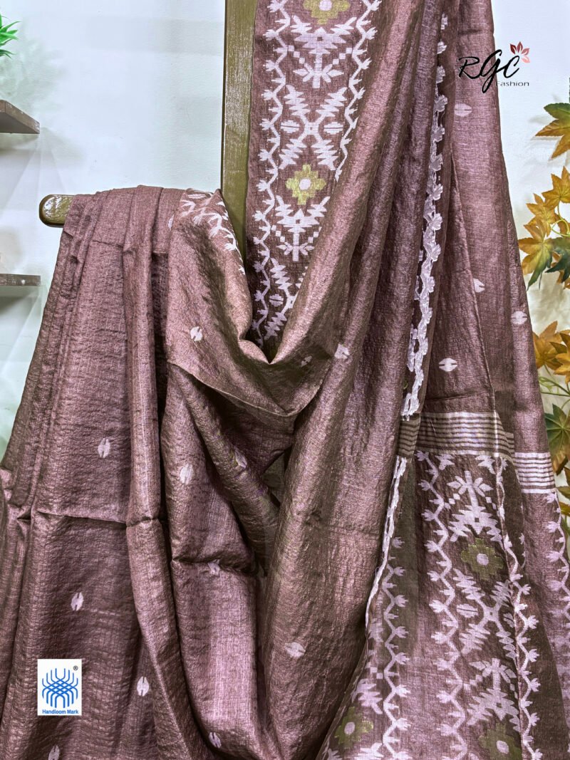 Black Brown Pure Gachi Tussar Handloom Jamdani Saree - Image 2