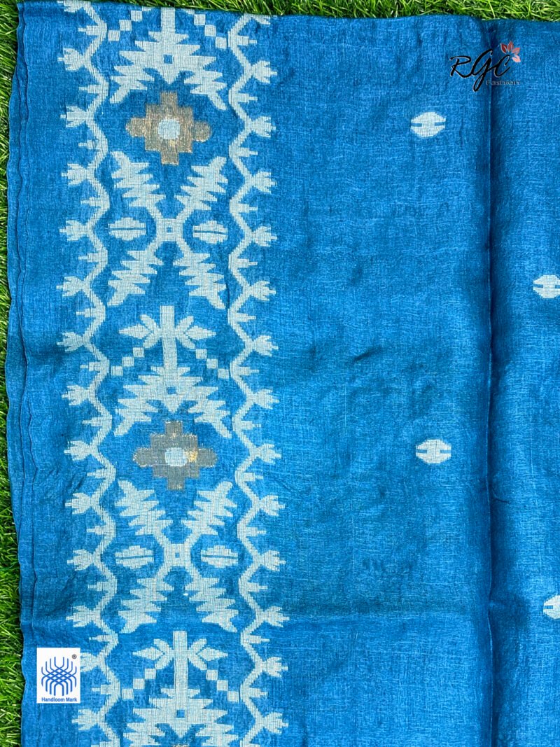 Peacock Blue Pure Gachi Tussar Handloom  Jamdani Saree - Image 5